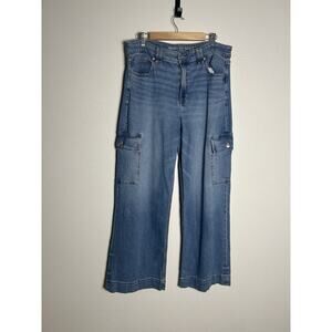 American Eagle Super High Rise Wide Leg Cargo Jeans Light Denim Baggy Size 14